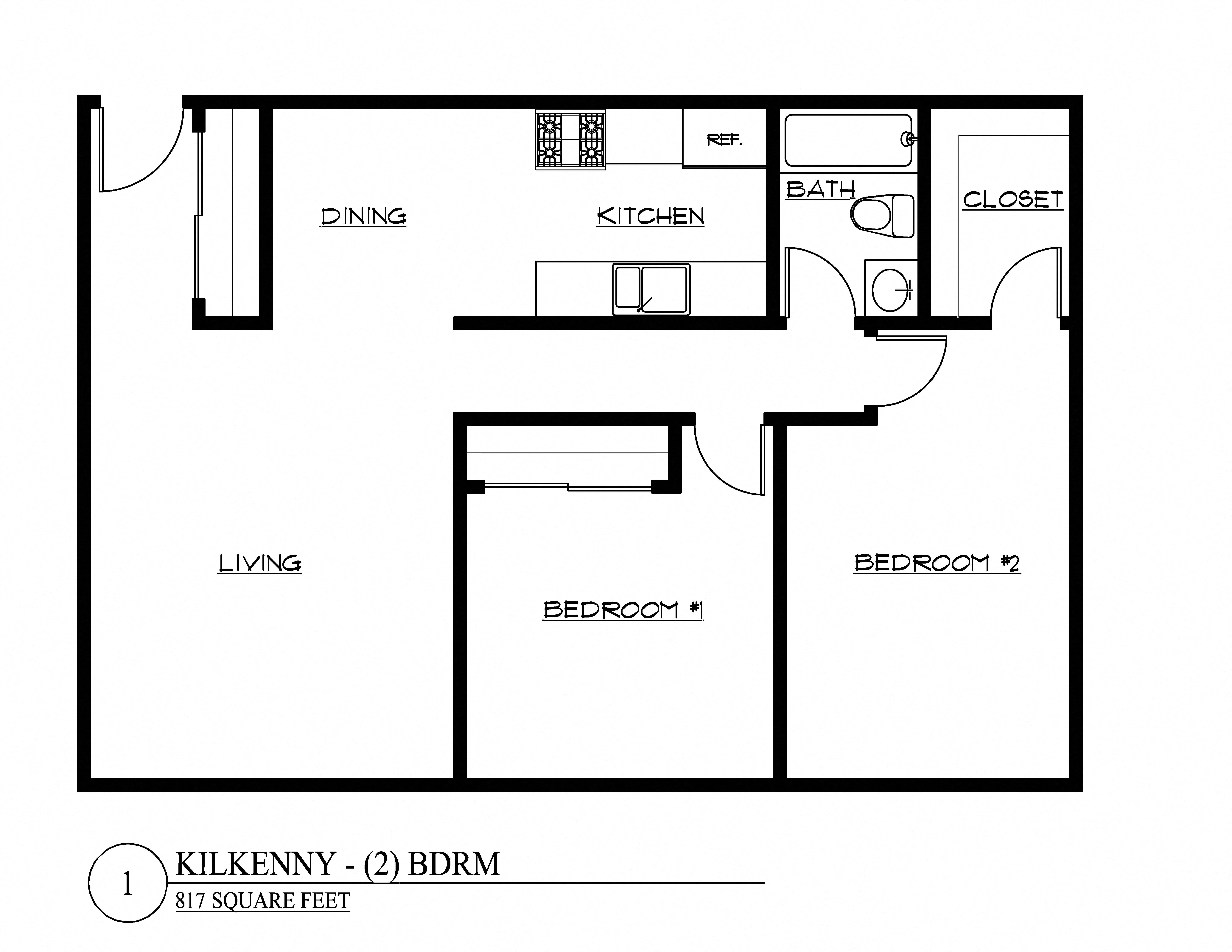 Floor plan for 2 beds, 1 bath, 817 sqft